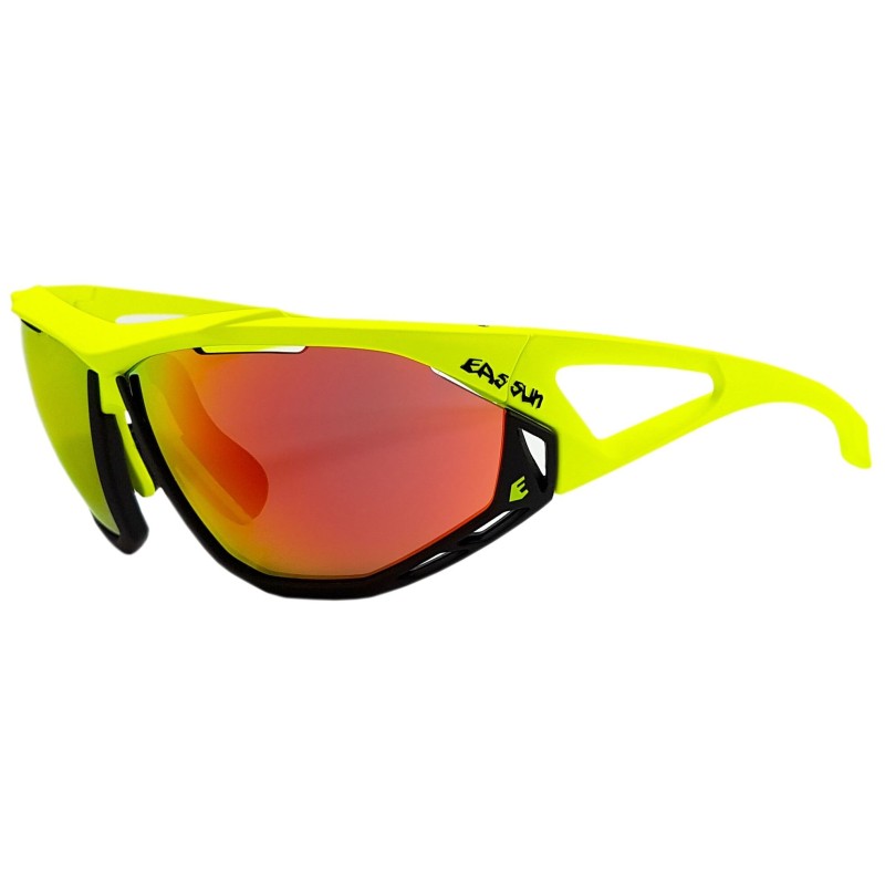 Mountain Bike Epic EASSUN Sunglasses, CAT 3 Solar Lenses with Yellow Fluor and Black Frame and Red REVO Lenses